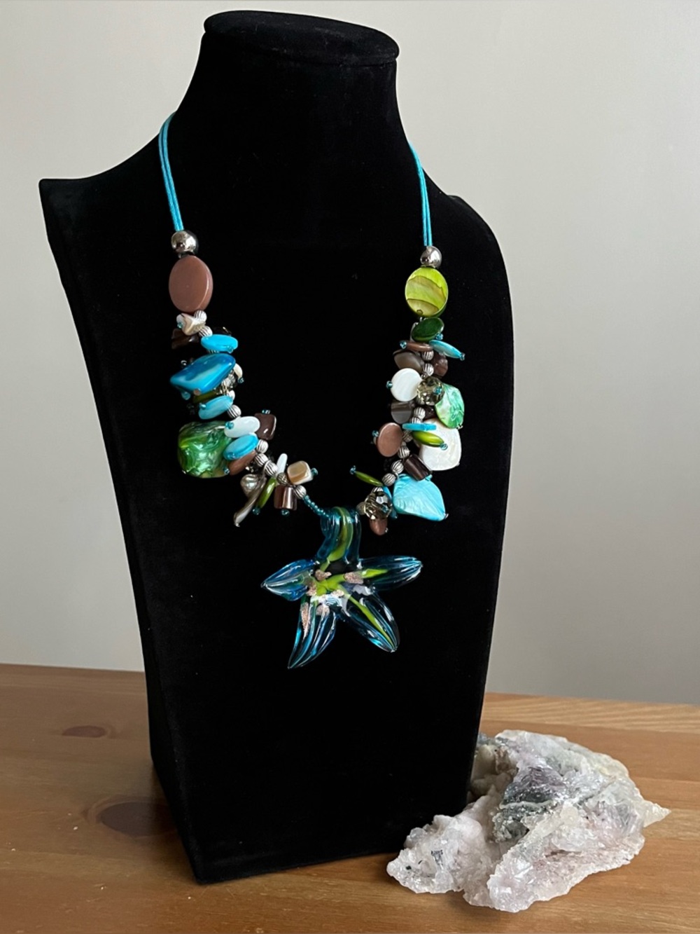 Artisan beach boho necklace beaded painted shells glass starfish pendant jewelry